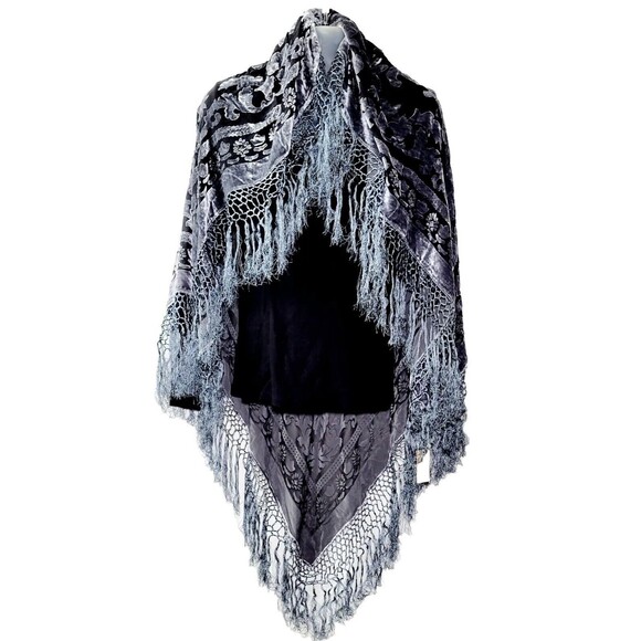 Maya Matazaro Kimono Shawl Wrap Silk Burnout Velvet Blk Grey Fringe USA NWT - Picture 2 of 9